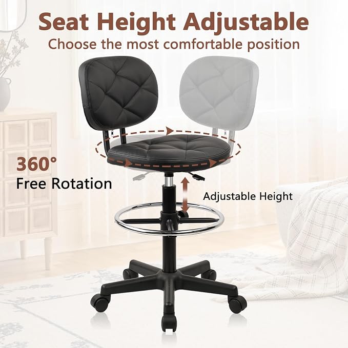 KLASIKA PU Leather Rolling Bar Stool with Wheels and Back, Tall Drafting Stool with Adjustable Height and Footrest, Multi-Purpose Office Desk Chair for Home Kitchen Shop Work, Black (1PK)