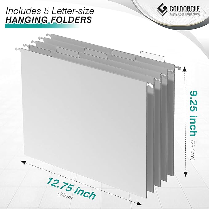Hanging File Organizer, Letter-Size File Holder Filing Box with 5 Hanging Folders, Metal Mesh Desk File Folder Storage(No Assembly Required) (Silver, with 5 Grey Folders)