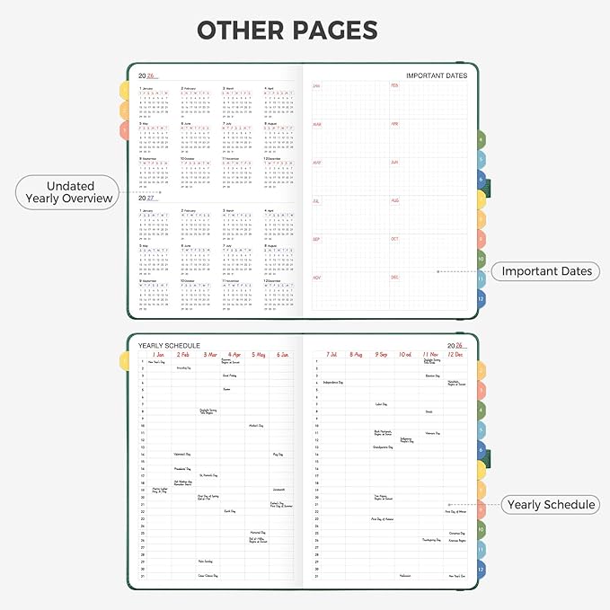 Daily Planner Undated, Appointment Book for Hourly, Daily and Monthly, 365 Days, One Page a Day, Medium Size (5.7" x 8.3"), Leather Hardcover, 12 Self-adhesive Monthly Tabs (Dark Green)