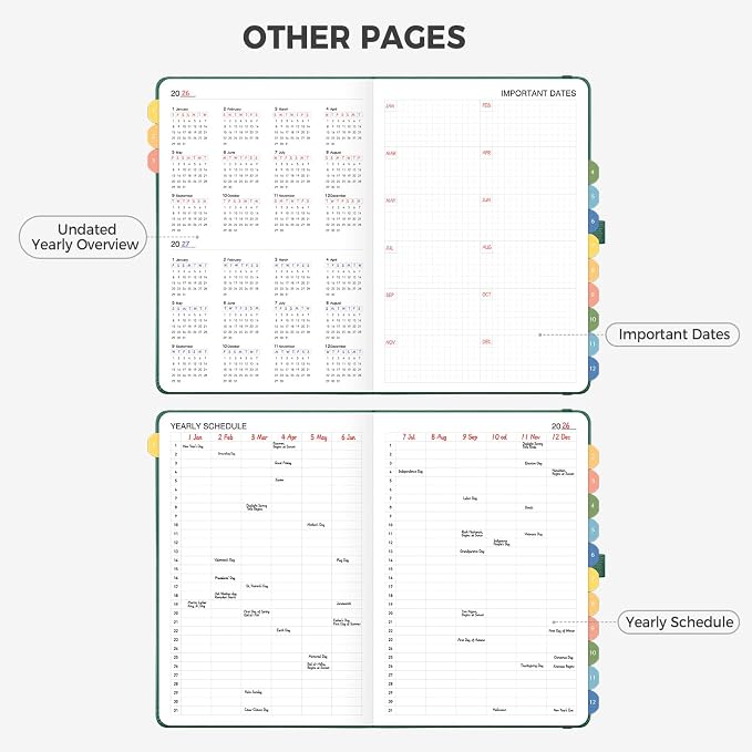 Undated Appointment Book, Hourly, Daily, 52 Weekly & 12 Monthly Planner, 6 AM - 8 PM, Medium Size (5.7" x 8.3"), Leather Hardcover, 12 Self-adhesive Monthly Tabs (Dark Green)