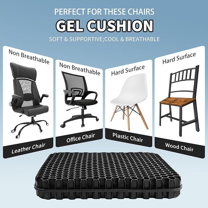 Gel Seat Cushion for Long Sitting - 16.5" x 14.5" x 2.4" (Extra Thick＆Soft) | Gel Cushion for People Over 185 lbs, Pressure Relief Cushion for Office Chair, Egg Cushions for Wheelchair, Gel Pad for Car