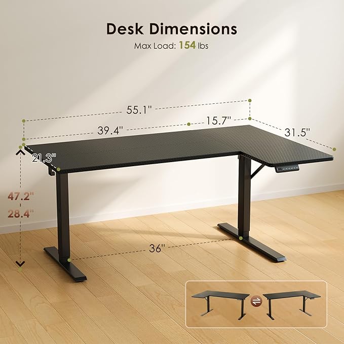 OffiGo Electric L Shaped Standing Desk, 55 Inches Height Adjustable Table, Reversible Corner Stand Up Desk, Lifting Computer Table for Home Office, Computer Workstation, Carbon Fiber Black