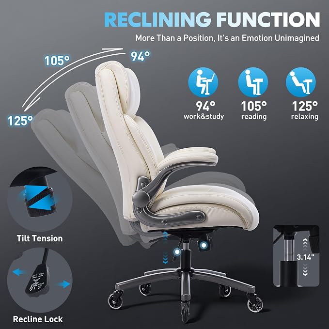 MALOL 300lbs Ergonomic PU Leather Office Chairs, High-Back y Home Computer Executive Chair with Lumbar Support and Flip-Up Arms, Beige