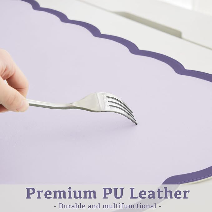 Scalloped Desk Mat, 31.5" x 15.7" Large Cute Aesthetic Desk Accessories, PU Leather Computer Laptop Desk Mouse Keyboard Pad, Desk Writing Mat for Vanity/Work/Home Decor Purple