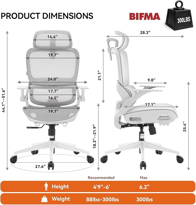 SIHOO B100 Office Chair, Comfy Ergonomic Office Chair, High Back Computer Chair with Adaptive Lumbar Support & Wide Headrest, Flip-up Armrests, Swivel Desk Chair, 2 Packs, Grey