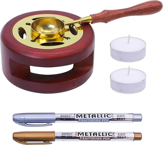SWANGSA Wax Seal Warmer Kit, Sealing Wax Furnace Tool with 2pcs Wax Seal Pens + Wax Seal Spoon and 2pcs Candles for Sealing Wax Stamp Wedding Invitation Envelope Letter (Wood)