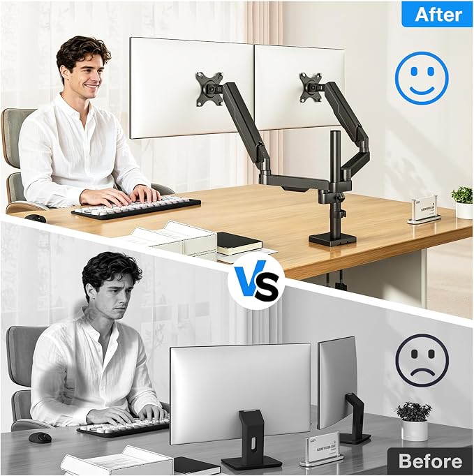 Rfiver Dual Monitor Stand Desk Mount for 17-34" Screens Holds up to 22lbs | Full Motion Height Adjustable, Tilt/Swivel, 360 Rotation VESA 75/100mm, Compatible C-clamp/Grommet Base Install