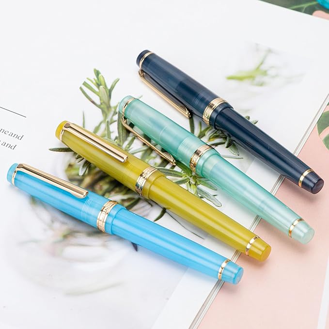 Jinhao 82 Acrylic Fountain Pen, Iridium Bent Nib with Ink Converter, Transparent Dark Blue Classic Design Calligraphy Pen (Gold Trim)