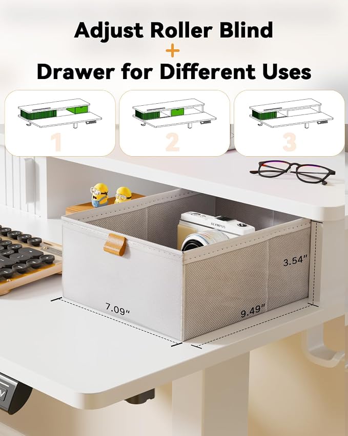 JOY worker 35" Small Electric Standing Desk with Monitor Stand & Storage | White 35" x 25" Height Adjustable Desk for Tight Space, Shutter Door & Drawer, Sit Stand Table with 2 Hooks for Home Office