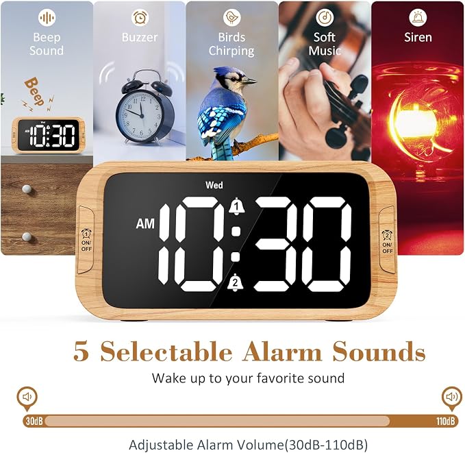 Odokee Digital Dual Alarm Clock for Bedroom with 0-100% Dimmable Display | Easy Alarm Clock with Weekday/Weekend Mode - Loud Alarm for Heavy Sleepers with 5 Sounds Adjustable Volume - Wood Grain