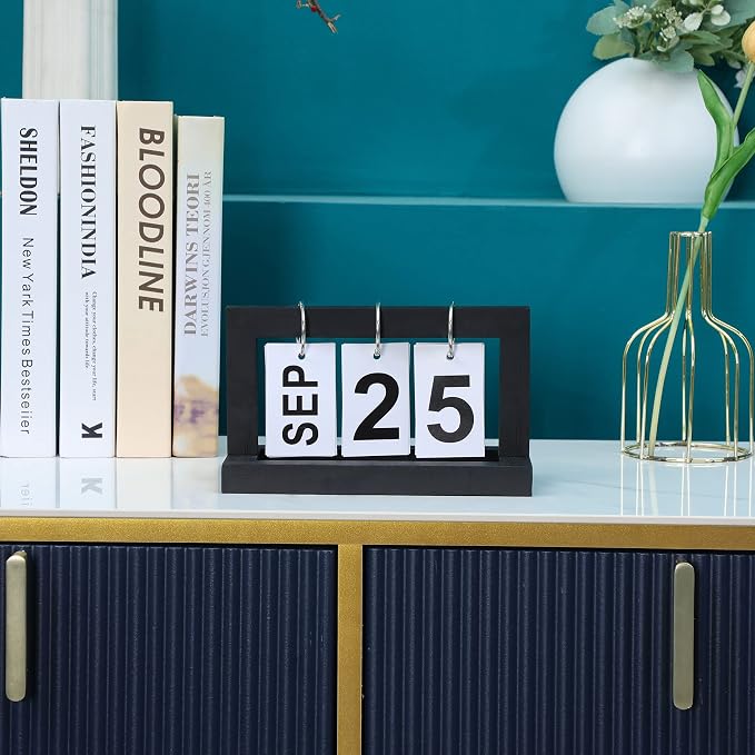 Perpetual Flip Desk Calendar- Small Cute Office Desktop Calendar with Memorial Day Tracking - Classic Black