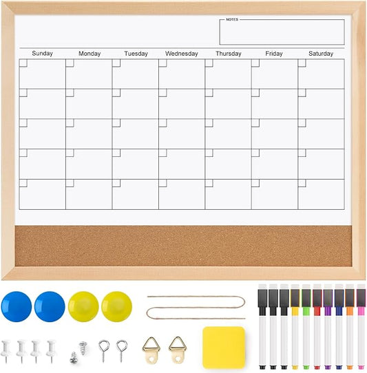 OWLKELA Monthly Dry Erase Calendar with Cork Board for Wall, 17 x 13 Magnetic Bulletin Whiteboard with Wood Frame for Office, Home, School, Kitchen