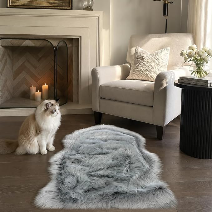 EasyJoy Faux Sheepskin Rug, Fluffy Faux Fur Rug, Ultra Soft Shag Area Rug with Non-Slip Backing for Bedroom, Living Room, Nursery, Kids Room(2 x 3 ft Sheepskin, Frosted Bottom Gray)