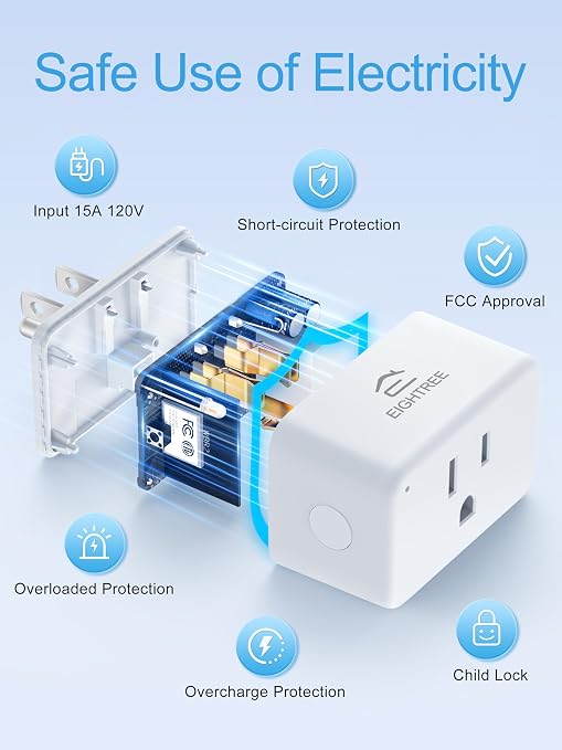 EIGHTREE Smart Plug 15A, Smart Plugs that Compatible with Alexa & Google Home & SmartThings, No Hub Required, WiFi Outlet with Remote Control, Timer & Schedule, 2.4GHz WiFi Only, 4 Packs