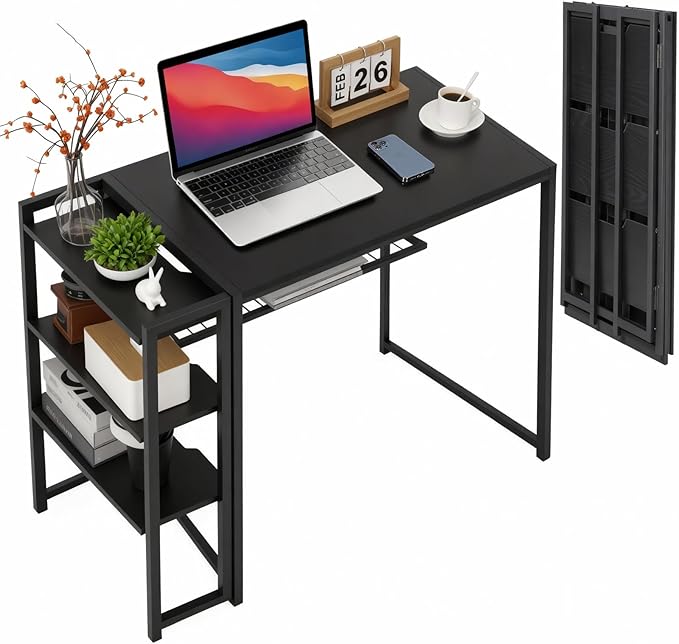 GarveeLife 35 inch Folding Desk Writing Computer Desk with Storage Shelf,Spaces Saving Writing Sturdy Table No Assembly,for for Bedroom, Home Office, Dorm, Apartment, Black