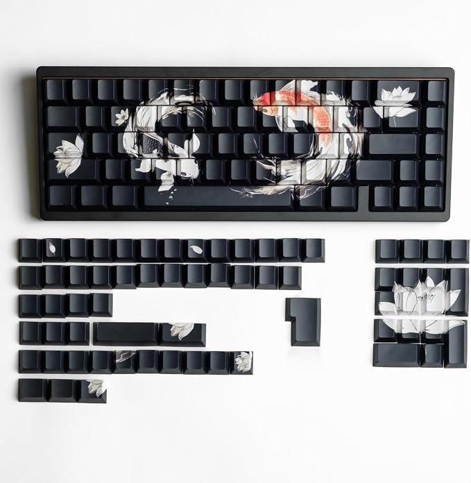 PBT Keycaps Lucky Koi Fish 60 75 100 Percent Shine Through Side Printe Thick Cherry Profile 130 Keys Dye Sub Custom Keycap Set keycaps for 61/64/68/84/87/100/104/108 MX Mechanical Keyboard