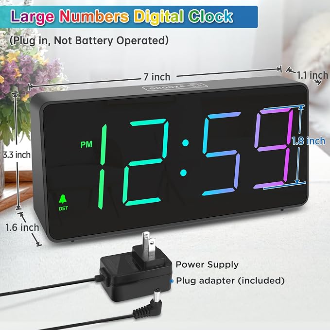 Peakeep Digital Alarm Clock for Bedroom Bedside, Loud for Heavy Sleepers | Large Big Color Changing Colorful LED Numbers for Seniors 6 Brightness, Battery Backup Plug in Electric Clock, USB Charger