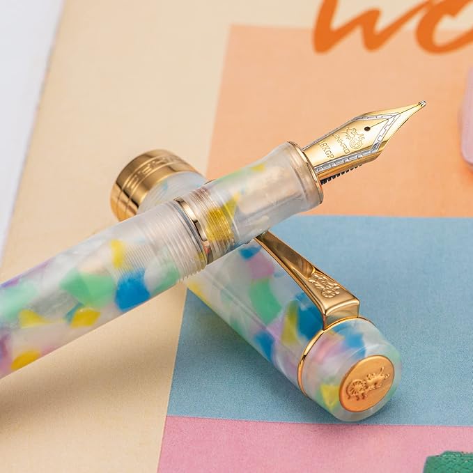 Jinhao 100 Fountain Pen Celluloid Classic Style, #6 Nib Smooth Writing Instrument with Refillable Converter and Pen Case Set
