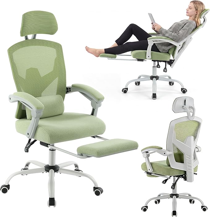 Home Office Desk Chair, Comfortable Mesh Chair with Foot Rest, Green | Reclining Gaming Chair with Headrest and Lumbar Support, 90°-130° Reclining, Silent Swivel