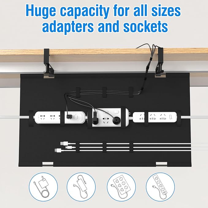 No Drill Under Desk Cable Management Tray, 20" Cord Management Tray with Cable Loop, Upgraded Oxford Fabric Wire Management for Standing Desk - No Damage to Table