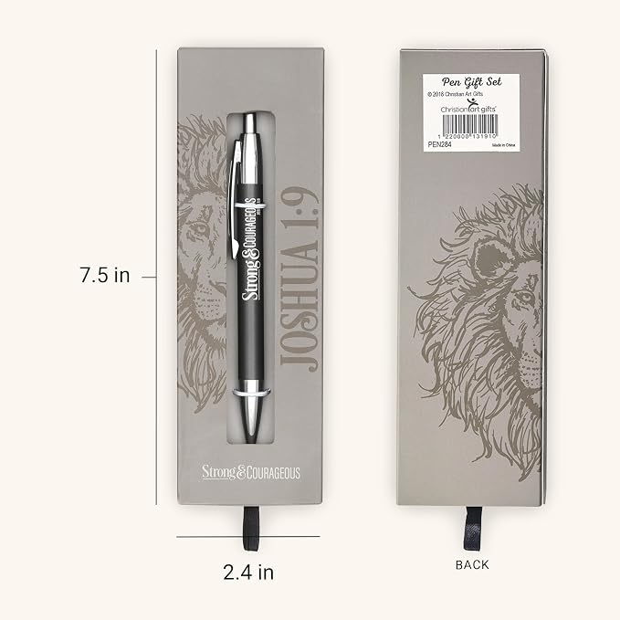Christian Art Gifts Scripture Clip Medium Ballpoint Black Ink Pen in Box for Men: Strong & Courageous - Joshua 1:9 Inspirational Bible Verse, Journaling, Writing & Notetaking, Charcoal Gray/Silver