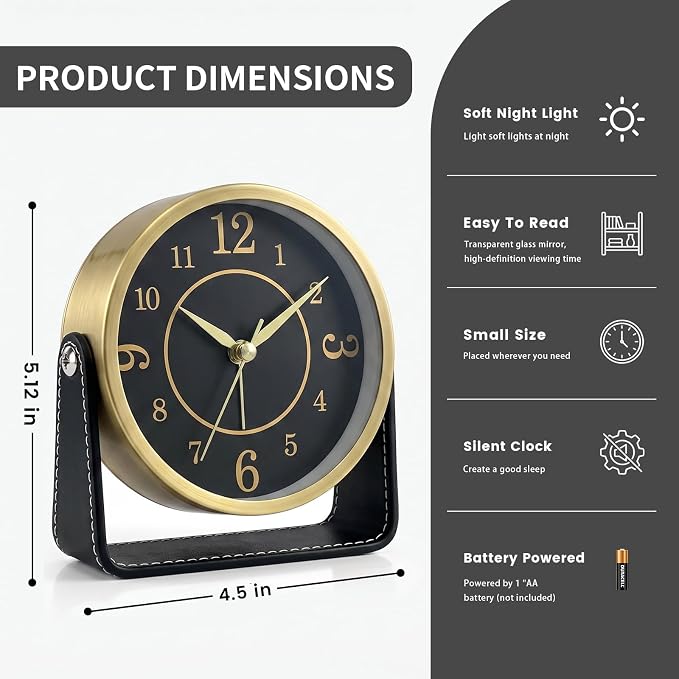 Analog Alarm Clock - 4.5" Silent Non Ticking Small Clock with Light, Rotatable Stand Metal Desk Clock Battery Operated, Simple Design for Living Room Decor/ Bedroom/Bedside/Shelf (Gold & Black)