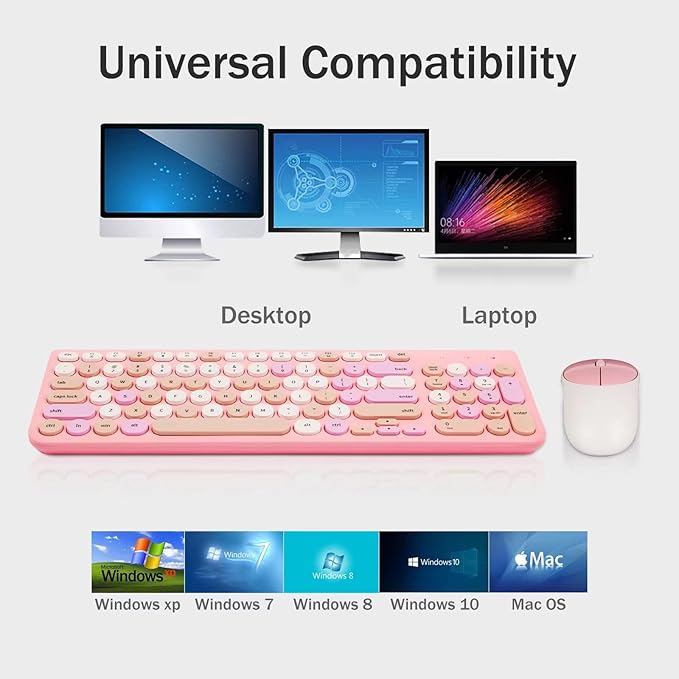 Wireless Keyboard and Mouse Combo, Retro Typewriter Keyboard with Round Keycaps, 2.4GHz USB Cute Wireless Keyboard Mouse for Computer, Desktop, Laptop and Computer (Pink-Colorful)