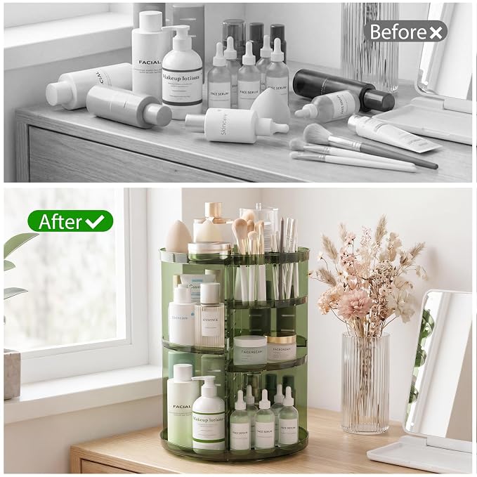Rotating Makeup Organizer with DIY 8 Adjustable Layers, Clear Green | Spinning Skincare Storage, Cosmetic Display Case with Brush Holder and Perfume Tray
