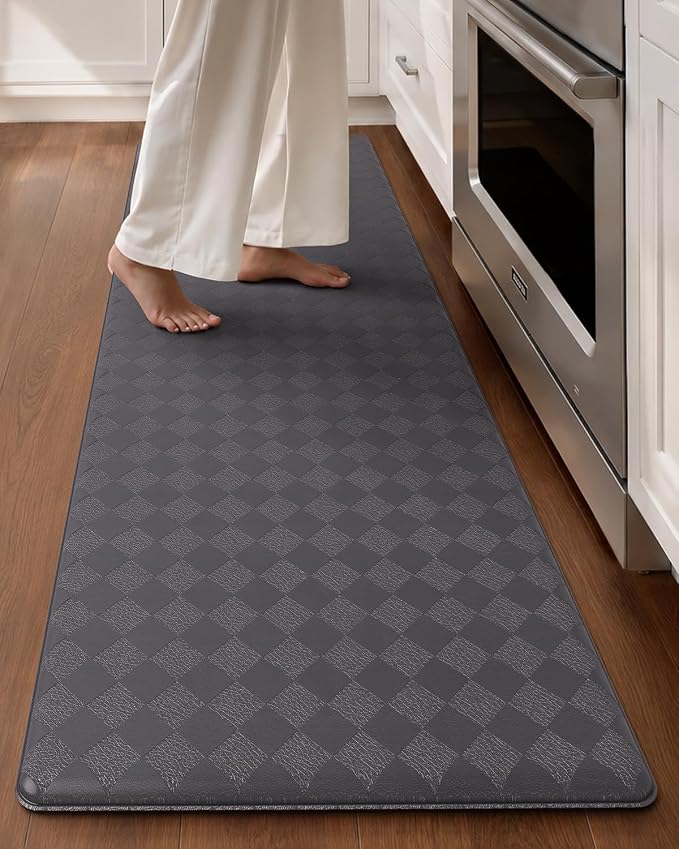 Color&Geometry Checkered Narrow Kitchen Floor Mat Anti Fatigue 17x71, Grey | Waterproof & Oil Proof, Easy Clean PVC Kitchen Rug For Busy Family, 0.4in Thick Cushion For Long Standing, Non Slip
