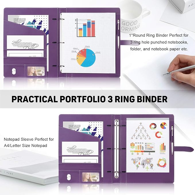 Toplive Padfolio 3 Ring Binder Organizer Business Portfolio Folder for Women, A4/ Letter Size PU Leather Portfolio Padfolio for Interview Conference Presentation, Purple