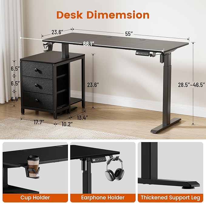 REAHOME 55 Inch Black Electric Height Adjustable Standing Desk with Drawers | Dual Motor Sit-Stand Frame With 3 Memory Presets, Printer Cabinet, Hooks & Cable Management For Home Office Gaming Desk