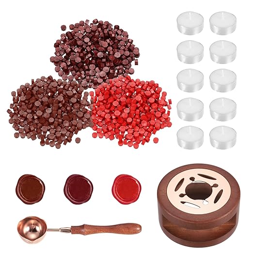 PATIKIL Wax Seal Kit, 300 Pcs Wax Sealing Beads, Wooden Warmer, Melted Spoon, 10 Pcs Tealight Candles for Envelope Letter Mailing Crafts DIY, Brown Red/Burgundy/Red