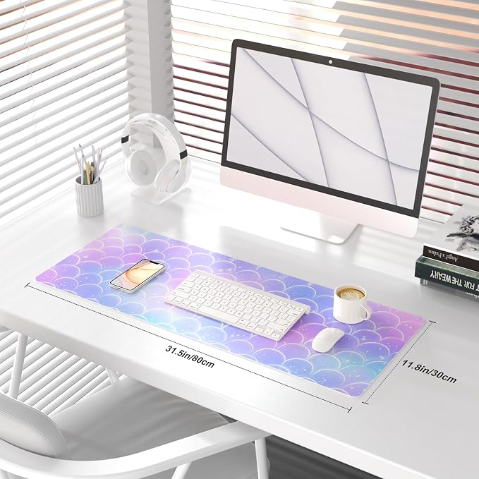 QiyI Multifunctional Office Desk Pad, Water-Resistant PU Leather Mouse Pad, Home Décor Large Desk Organizer Mat, Non Slip Base Writing Pads for Home & Office 31.5" x 11.8" - Mermaid Scales