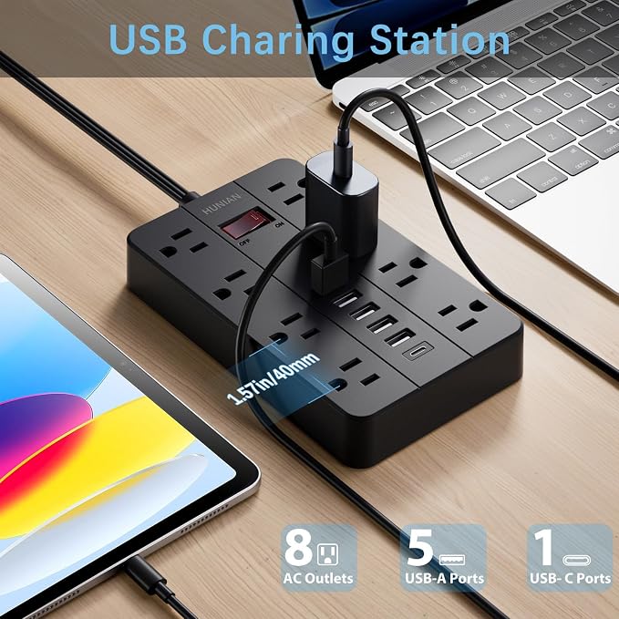 Power Strip with Multiple Outlets, HUNIAN Flat Plug 10 Ft Long Extension Cord with 8 Widely Spaced Outlets 6 USB (1 USB C Port), Wall Mount Charging Station for Home and Office