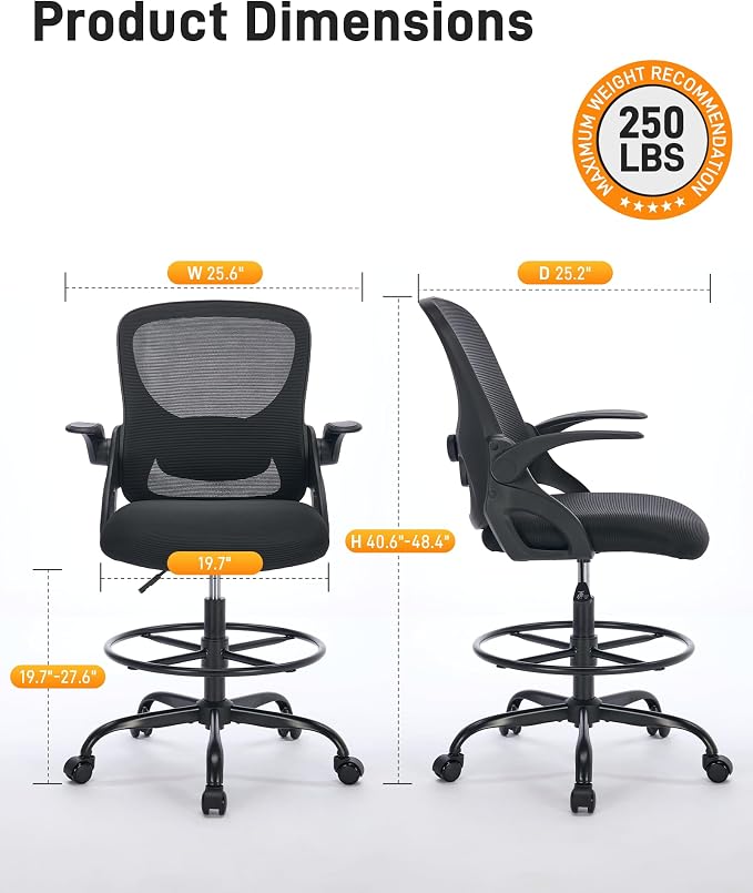 LukkDys Drafting Chair with Arms, Tall Office Chair for Standing Desks | Ergonomic lumbar pad, breathable mesh and foot ring support forward-leaning posture for sewing, crafts and daily studio work.