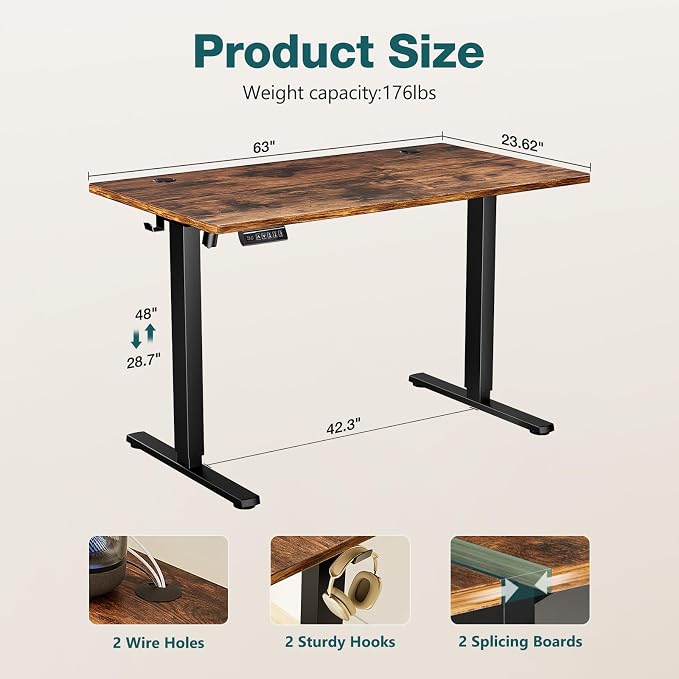 Sweetcrispy Electric Standing Desk Adjustable Height, 63x24 Inch Sit Stand Up Home Office Desks Memory Computer Workstation PC Work Table with Preset Splice Wood Board Metal Frame, Rustic