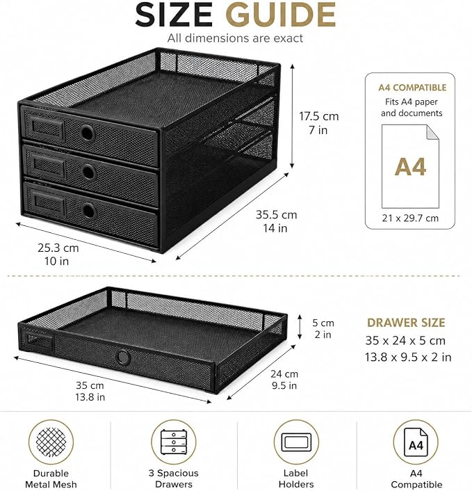 EXERZ Paper Sorter 3 Tier Drawers A4 / Multifunctional Desk Organiser/Letter Tray - Documents, Magazines, Notebooks and Letters | Pull Out Metal Mesh Drawers For A4 Documents Magazines Notebooks And Letters Space Saving Storage For Office Home Study