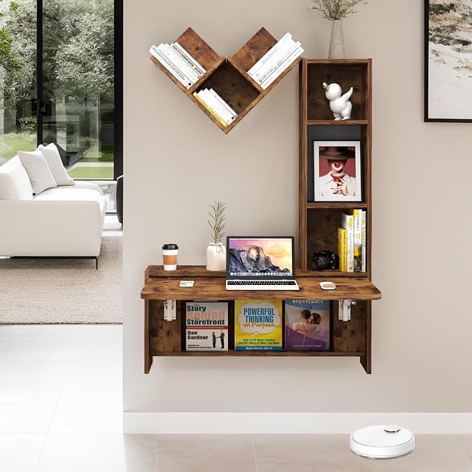 Folding Wall Mounted Drop Leaf Table, Foldable Desk with Moveable Cabinets, Floating Laptop with Convertible Storage Shelves, Multifunctional Computer Workstation in Home for Space Saving