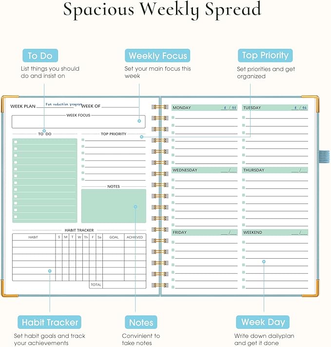 Undated Weekly Planner, Hardcover Leather Weekly & Monthly Calendar Blank Planner, To Do List Notebook with Goal & Habit Tracker Organizer, A5 Daily Planner with Spiral Binding, Ideal for Work School Home, Blue