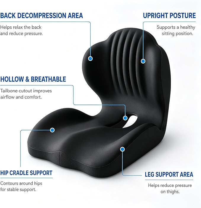 Non-Slip Ergonomic Seat Cushion for Office Chair, High-Density Memory Foam Desk Chair Cushions with Lumbar Support & Tailbone Pain Relief, Breathable Two-Tone Butt Pillow for Car, Gaming Chair - Black