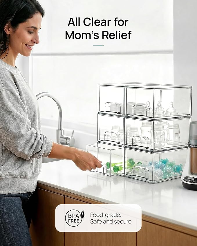 Vtopmart 2 Pack Small Clear Stackable Storage Drawers,Acrylic Bathroom Makeup Organizer,Plastic Storage Bins for Vanity, Undersink, Kitchen Cabinets, Pantry, Home Organization
