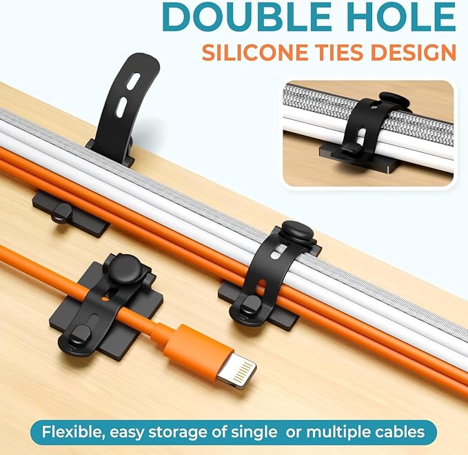 Kanemc Cable Clips Management Under Desk,Adhesive Wire Organizers for Cords | 15 Wire Management Holder with 15 Zip Tie, 15 Screws,Extra 8 Silicone Cable Ties,Cable Clips for Desk,Behind TV, Office,Car