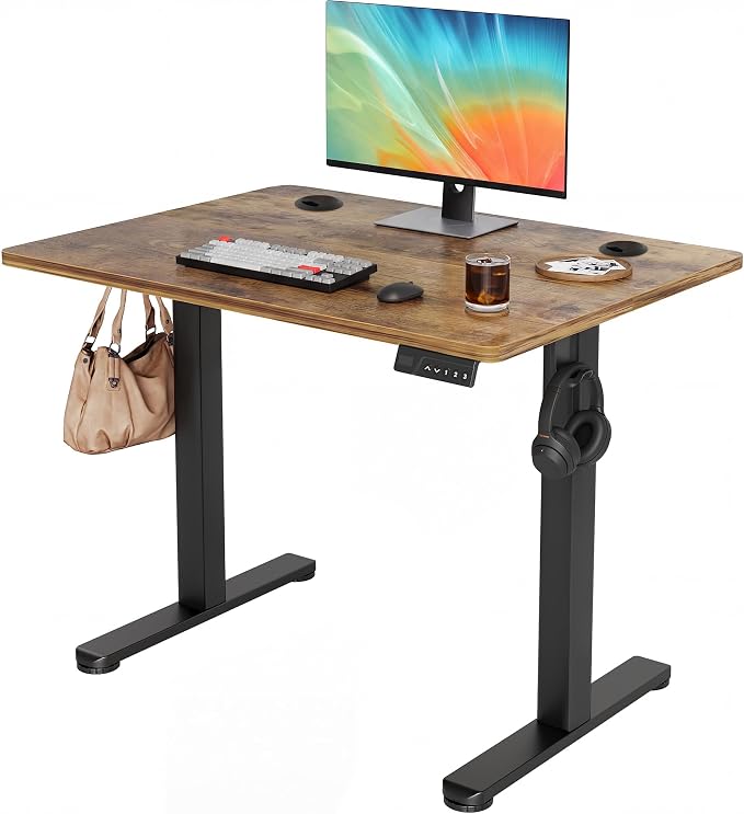 YDN Electric Standing Desk Adjustable Height, 35 x 20 Inches Stand up Desk with Cable Management, Home Office Desks with Splice Board & Black Frame, Rustic Brown Top
