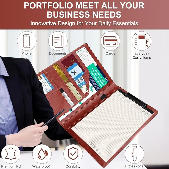 Padfolio Clipboard, Portfolio Organizer with Notepad, Premium PU Leather Clipboard Folder for Legal Pad, Versatile Clipfolio with Storage, Letter Size Document Holder for School Office