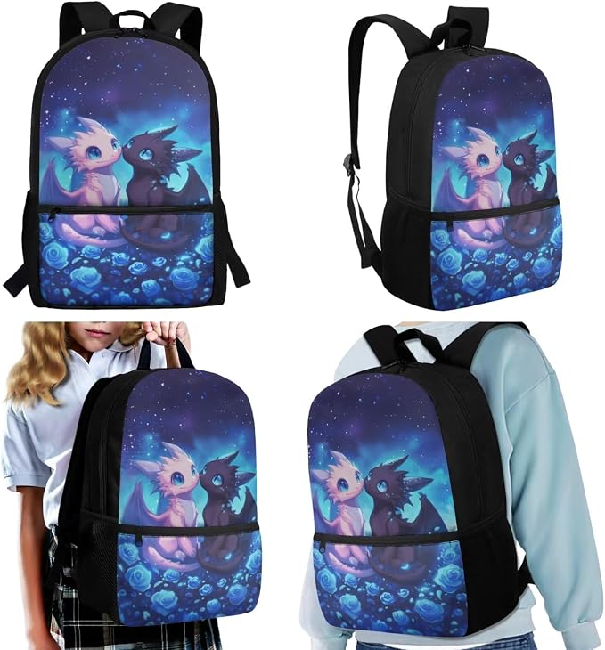 WELLFLYHOM Dragon Elementary School Backpack with Lunch Box for Girls, Blue 17 Inch Rose 4PCS Bookbag Set for Kids, Child Back to School Supplies, Reduce Shoulder Pressure for Daily Use