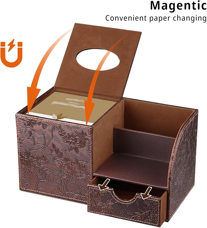 Nightstand Organizer with Tissue Holder,PU Leather Square Tissue Box Cover | Modern Facial Paper Organizer Storage Box for TV Remote Control,Bathroom,Vanity Countertop,End Table,Home and Office Decor