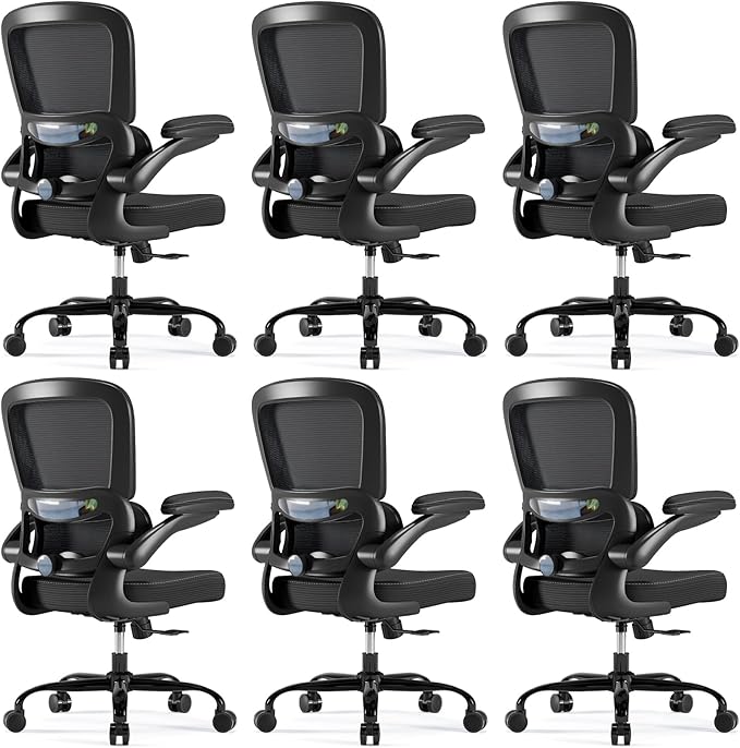 TRALT Ergonomic Office Chair - Desk Chair with Adjustable Headrest Lumbar Support Computer Chair - Mesh Comfy Chair with Flip-up Armrests - Gaming Chair for Adults Home Office PU, Black, Pack of 6