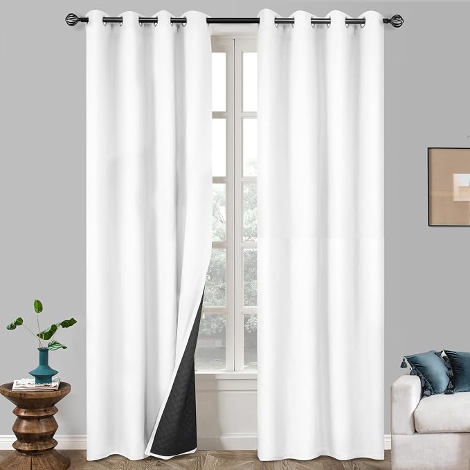 DriftAway Blackout Soundproof Thermal Insulated Linen Textured Curtains with Quilted Thermal Lining for Cold and Heat Blocking Noise Reducing Daytime Sleep 1 PC 52 Inches by 102 Inches White