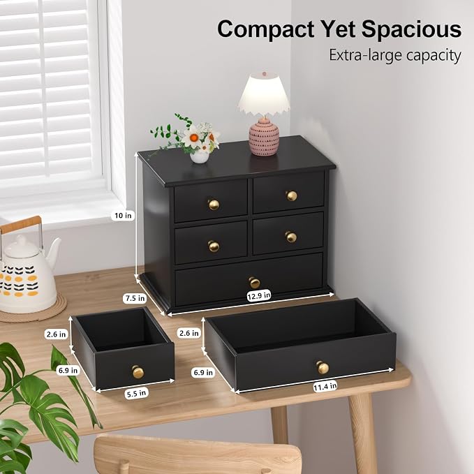 Oak Desk Organizer with Drawers, Durable Wooden Desktop Storage Box | 5 Drawer Tabletop Organizer with Metal Handles & Non-Slip Pads for Office, Bedroom, Bathroom, Vanity & Makeup Storage, Black
