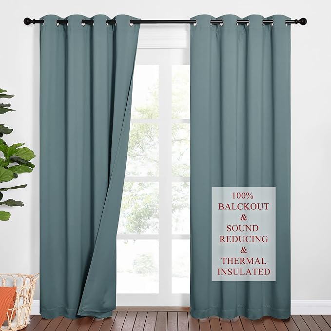 NICETOWN Sound Barrier 100% Blackout Divider Curtains 84", Noise, Heat and Cold Blocking Drapes with Felt Fabric Lining for Nursery/Daytime Sleep/Bedroom (Greyish Blue, 2 PCs, 52" Wide)